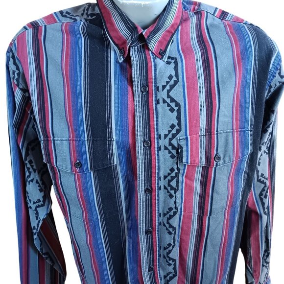 Vintage Men's Western SHirt Large Wrangler X-Long Tail 16.5-35 Striped Aztec - Picture 1 of 6